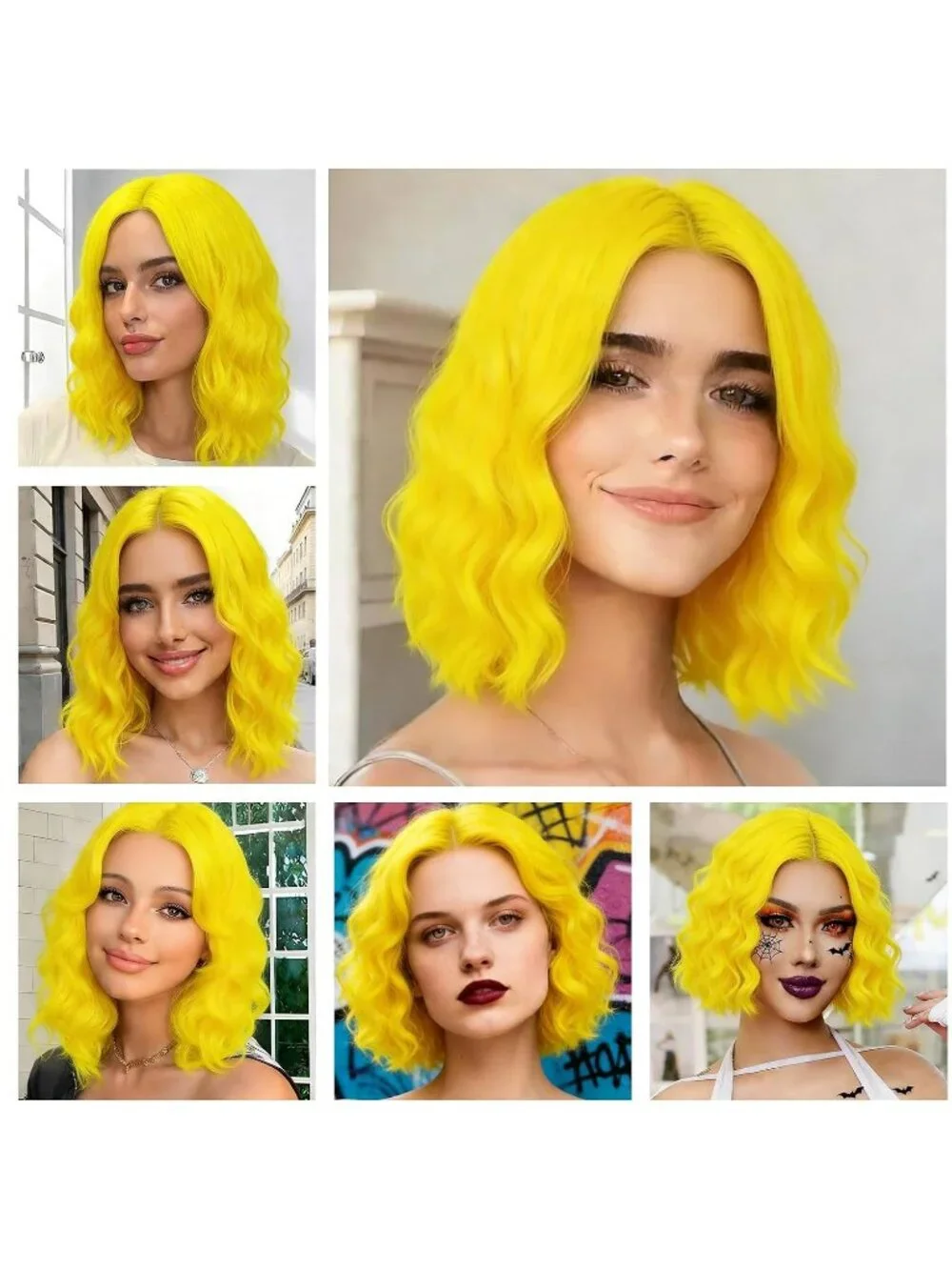 Women's 14 Inch Yellow Wavy Bob Wig Short Curly Synthetic Heat Resistant